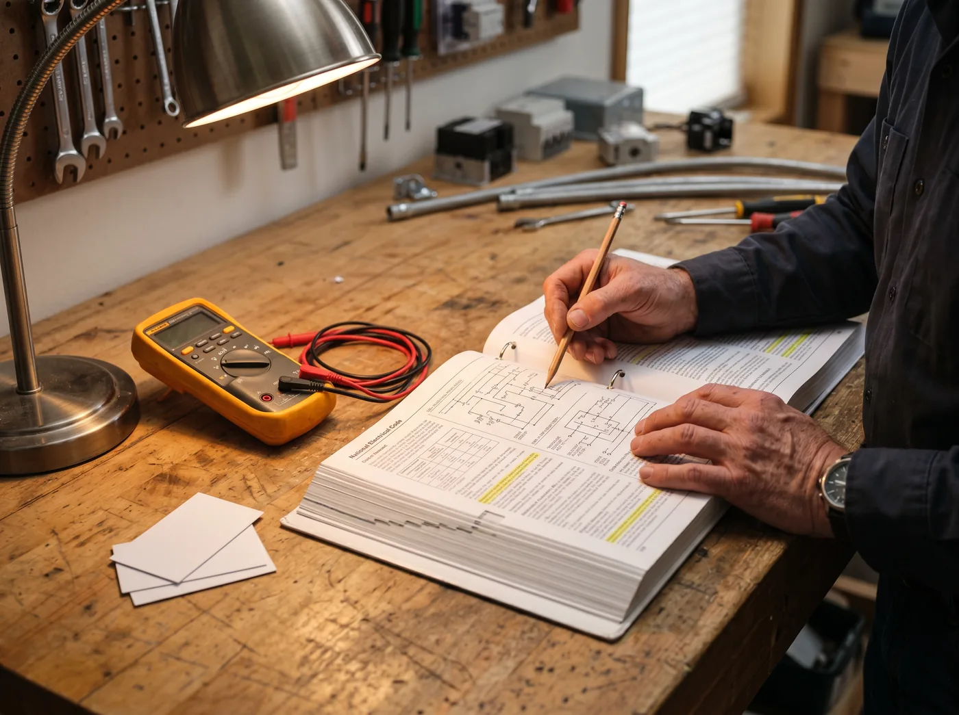 Mike DiNinno studying electrical schematics and certifications
