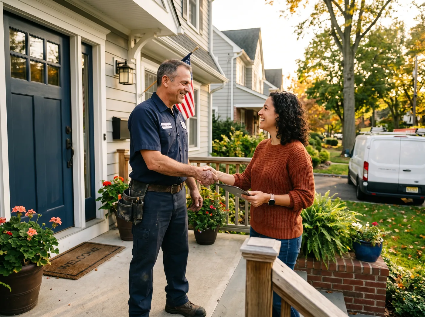 Mike DiNinno shaking hands with a satisfied homeowner