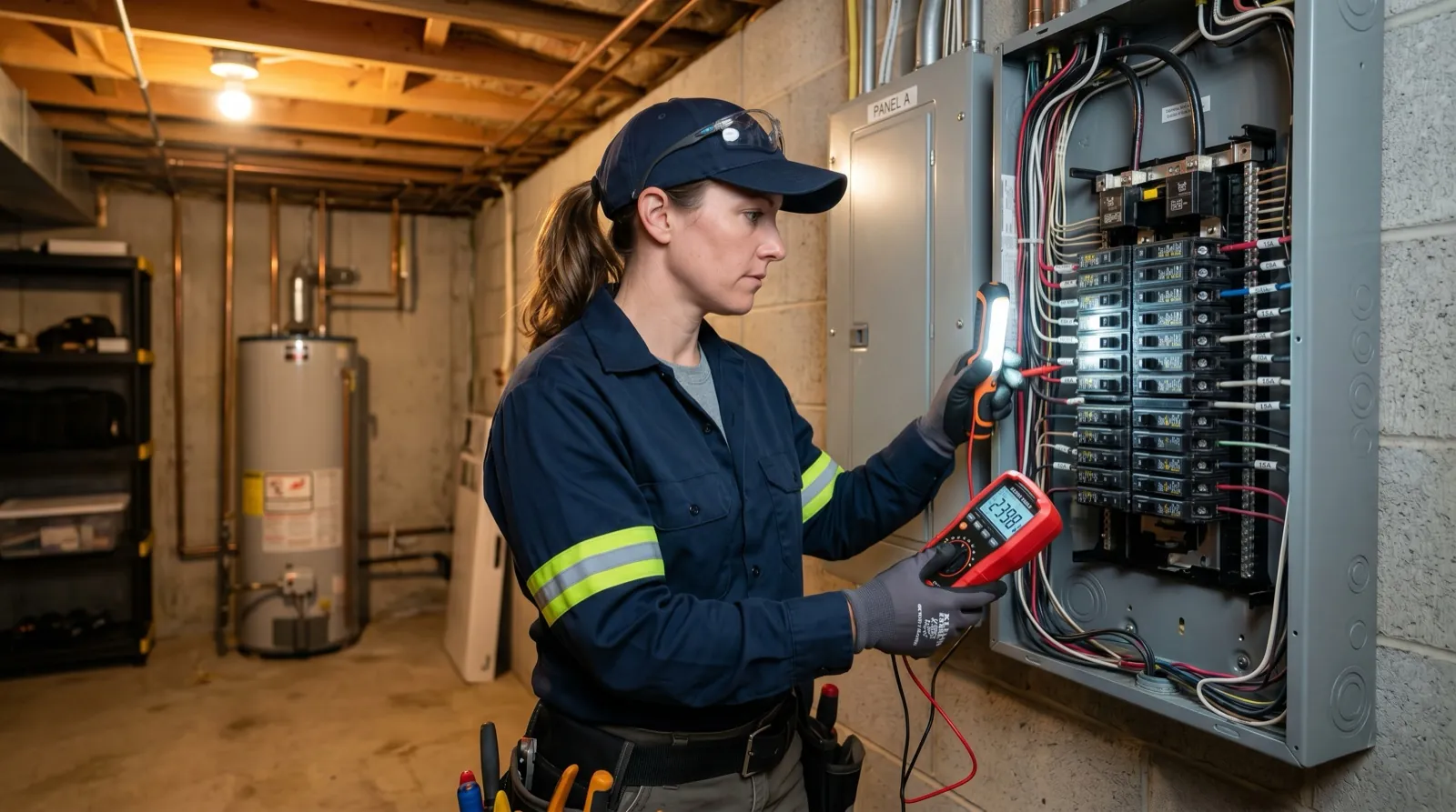 Electrician inspecting electrical wiring for code compliance, Mike DiNinno Electric NJ