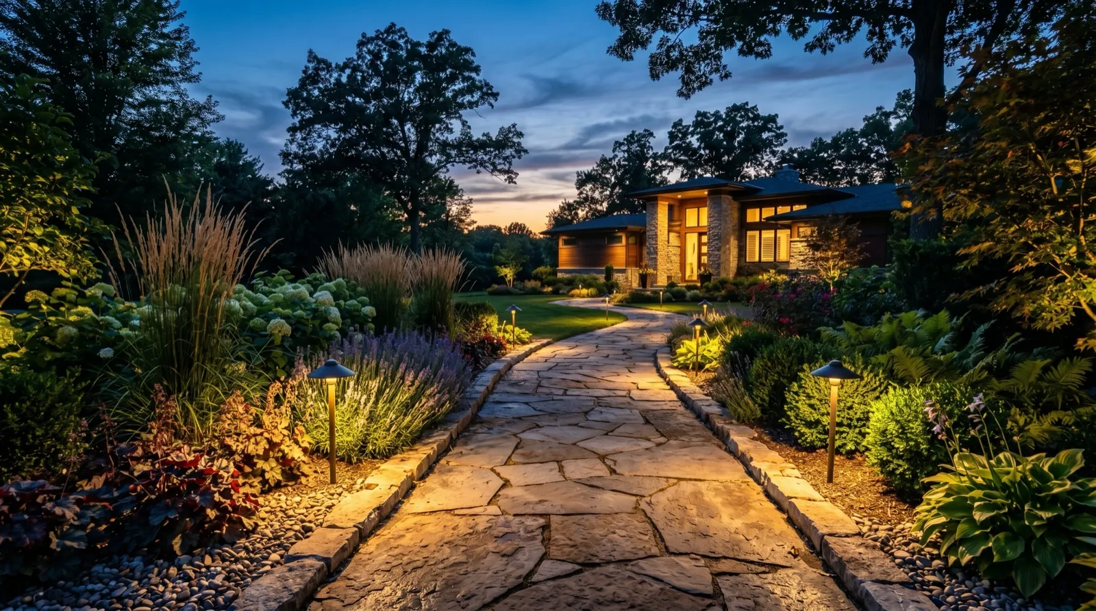 Warm landscape lighting along garden path at dusk, Mike DiNinno Electric NJ
