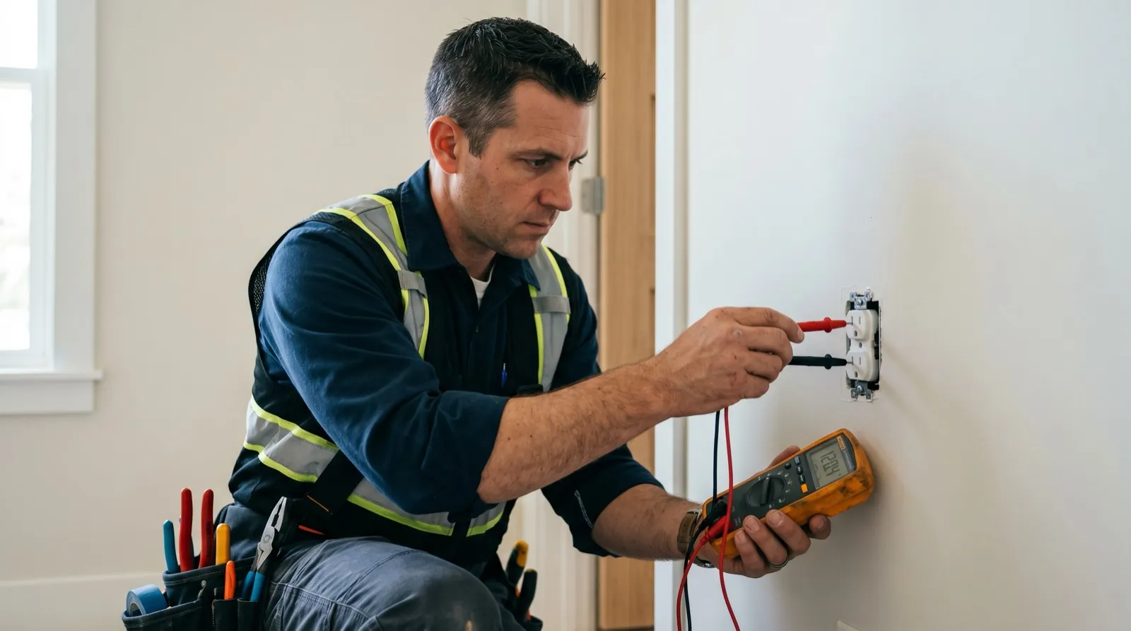 Electrician troubleshooting outlet with multimeter, Mike DiNinno Electric NJ